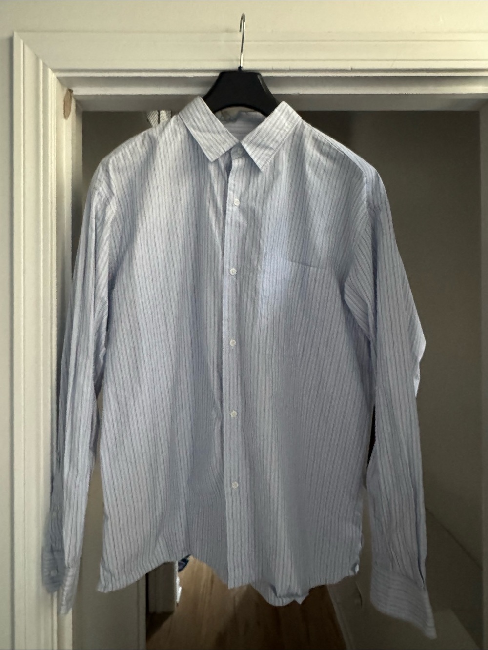 Uniqlo C Men's Blue and White Striped Dress Shirt